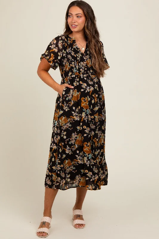 Midi dresses with satin - finish fabrics for a luxurious feelBlack Smocked Floral Maternity Midi Dress Midi dresses with satin - finish fabrics for a luxurious feelBlack Smocked Floral Maternity Midi Dress