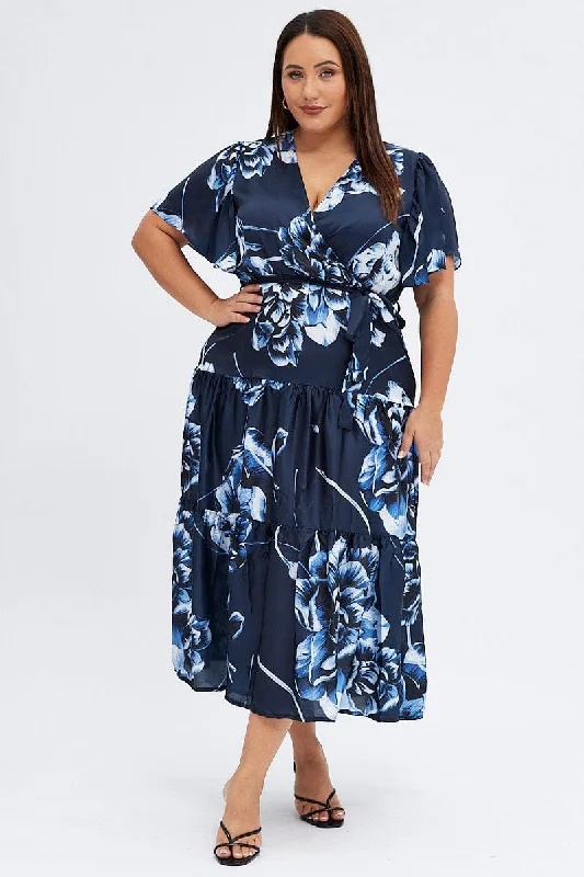 Midi dresses with one - shoulder designs for a modern and asymmetric styleBlue Abstract Midi Dress Cross Front Flare Sleeve Satin
