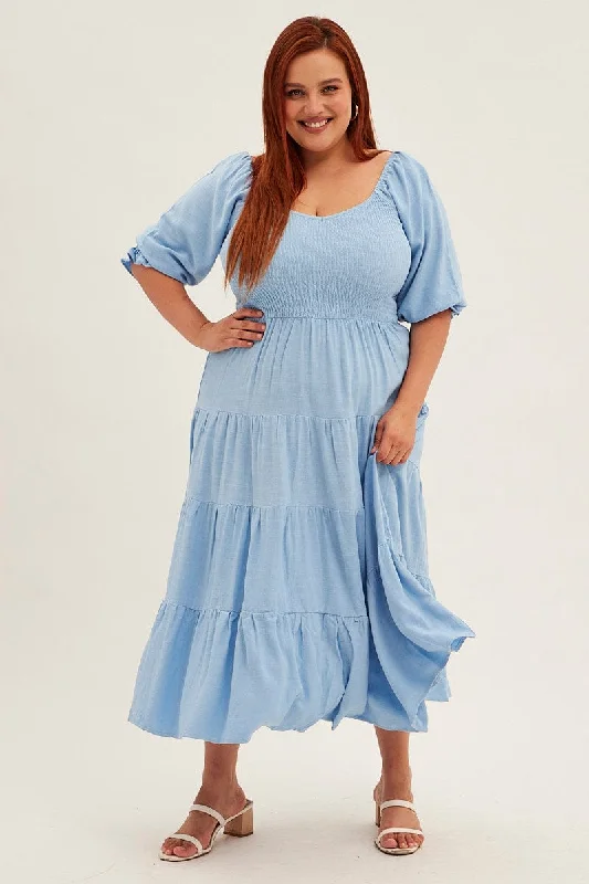 Midi dresses with animal prints for a bold and confident appearanceBlue Midi Dress Puff Sleeve V-neck Shirred Linen Blend Midi dresses with animal prints for a bold and confident appearanceBlue Midi Dress Puff Sleeve V-neck Shirred Linen Blend