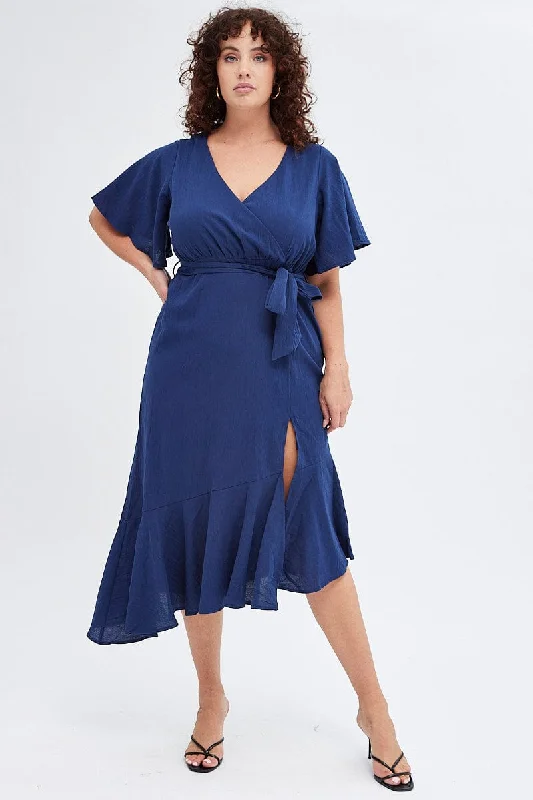 A - line midi dresses with floral prints for spring brunchesBlue Midi Dress Short Sleeve Faux Wrap