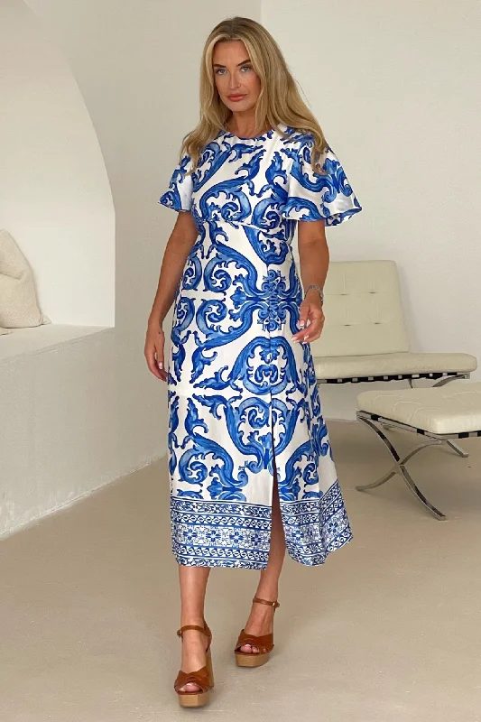 Velvet midi dresses in jewel tones for a glamorous winter eventBritney Blue Boarder Short Sleeve Split Leg Midi Dress