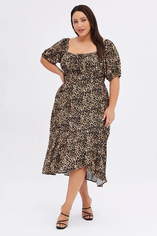 Midi dresses with pleated skirts for a timeless and elegant appealBrown Animal Print Midi Dress Short Sleeve Gathered Bust