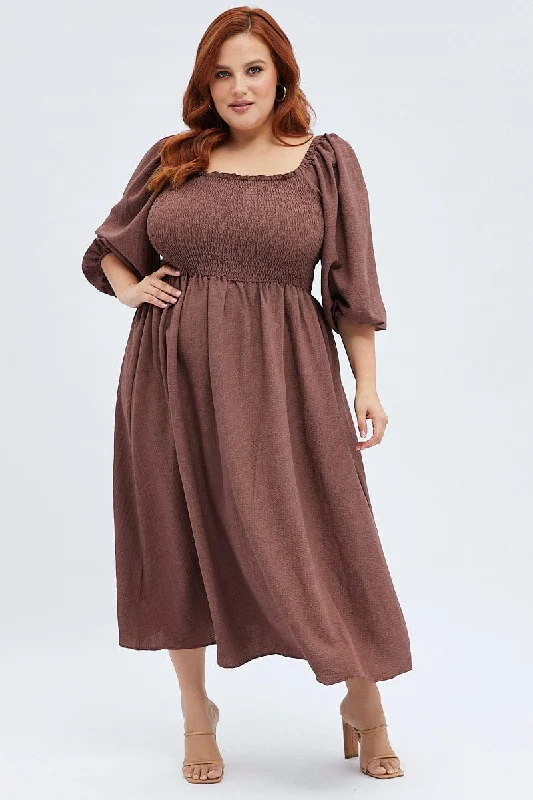 Midi dresses with wrap - around skirts for a customizable fitBrown Midi Dress Textured Puff Sleeve Off Shoulder