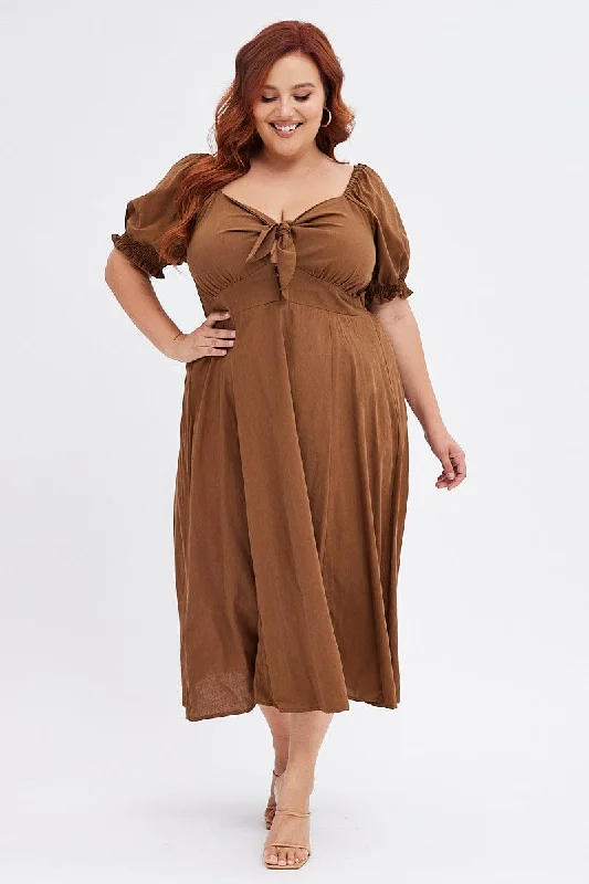 Midi dresses with metallic threads for a glamorous evening eventBrown Tie Front Button Midi Dress