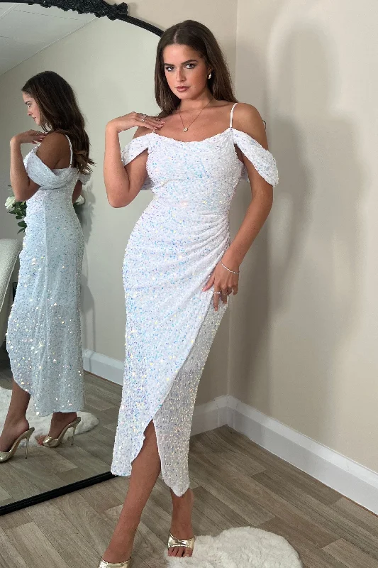 Camila White Sequin Wrap Over Midi Dress