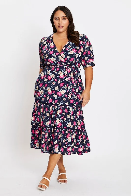 Floral Print Short Sleeve Puff Sleeve Midi Dress