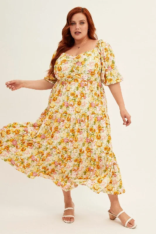 Midi dresses with ruffled bodices for a more pronounced feminine lookFloral Print Short Puff Sleeve Multi Floral Rayon Midi Dress Midi dresses with ruffled bodices for a more pronounced feminine lookFloral Print Short Puff Sleeve Multi Floral Rayon Midi Dress
