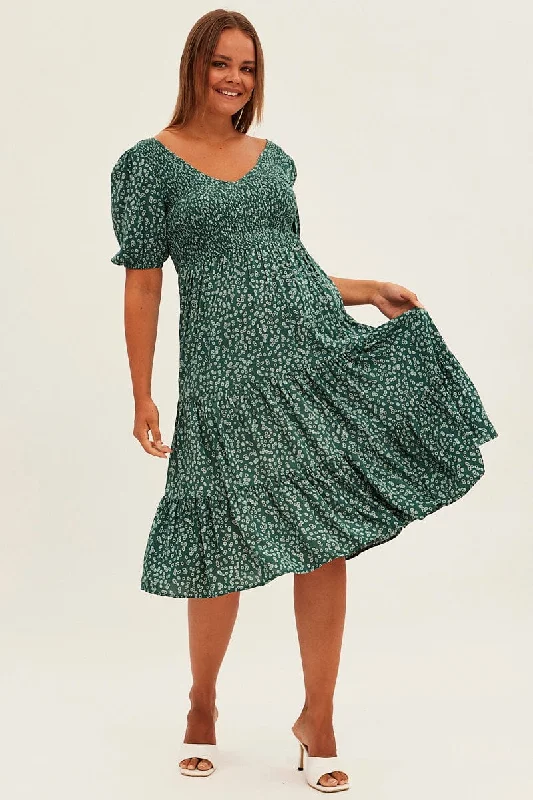 Midi dresses with belted waists to accentuate the figureGreen Ditsy Midi Dress Shirred Bodice V-neck