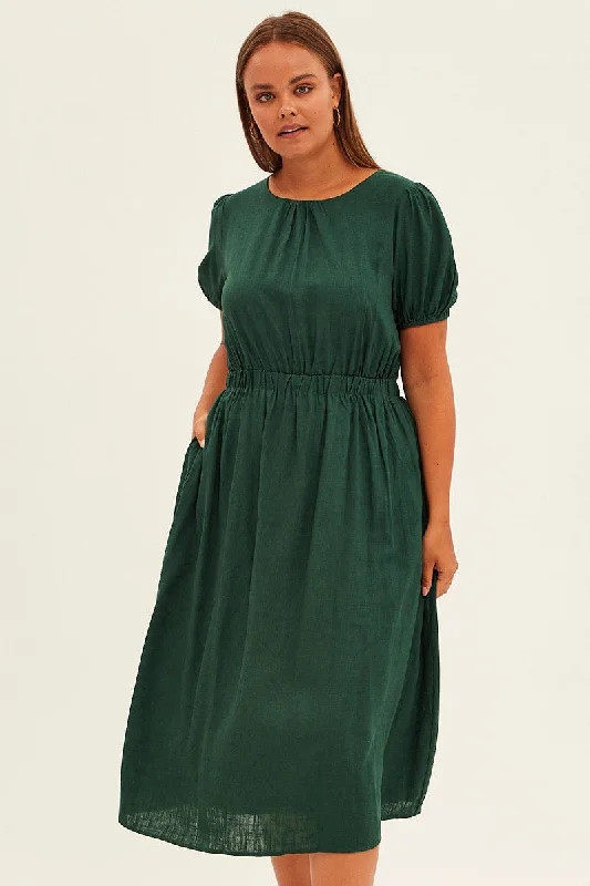 Midi dresses with ruched bodices for a feminine and fitted feelGreen Midi Dress Cutout Back Puff Sleeve Linen Blend