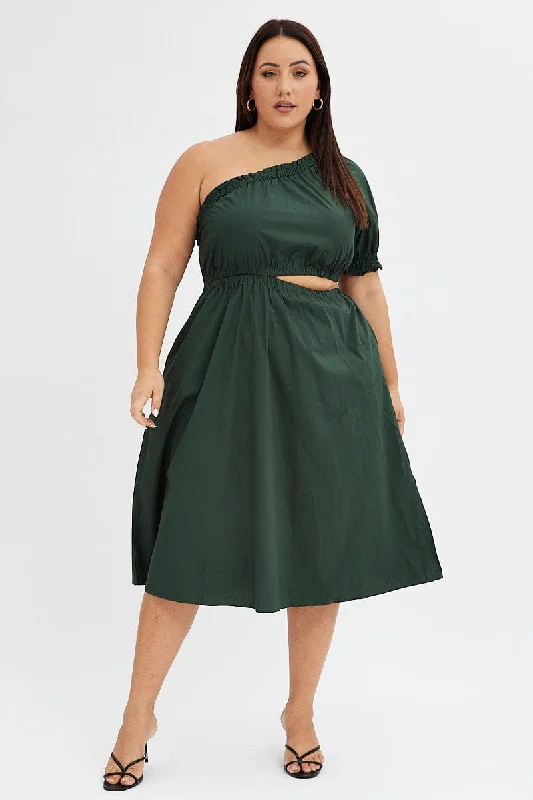 Midi dresses with cold - shoulder cutouts for a trendy styleGreen Midi Dress One Sleeve With Pockets Cotton