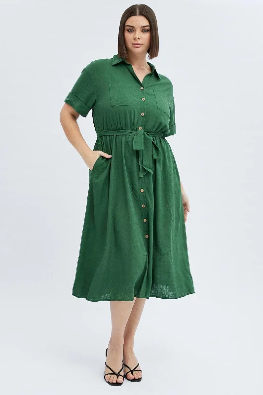 Midi dresses with side slits for a sexy and elegant appearanceGreen Midi Dress Puff Sleeve Belted With Pockets