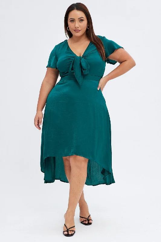 Midi dresses with button - down skirts for a unique and functional designGreen Midi Dress Short Sleeve Tie Back Satin