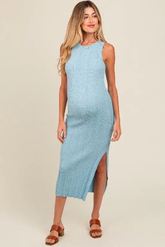 Midi dresses with sheer panels for a touch of allureLight Blue Ribbed Side Slit Sleeveless Maternity Midi Dress