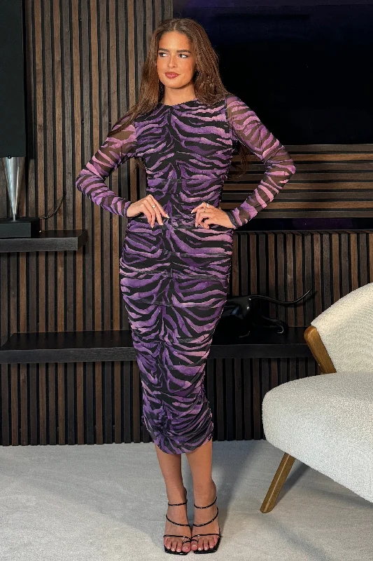 Midi dresses with pom - pom trims for a playful and festive lookLilah Long Sleeves Midi Mesh Dress Purple Midi dresses with pom - pom trims for a playful and festive lookLilah Long Sleeves Midi Mesh Dress Purple