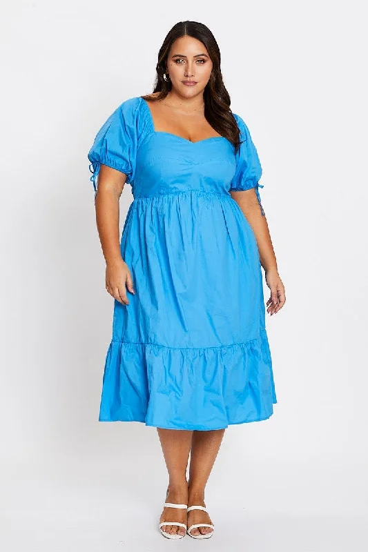 High - low midi dresses with geometric patterns for a modern partyMid Blue Short Puff Sleeve Blue Bust Detail Dress High - low midi dresses with geometric patterns for a modern partyMid Blue Short Puff Sleeve Blue Bust Detail Dress