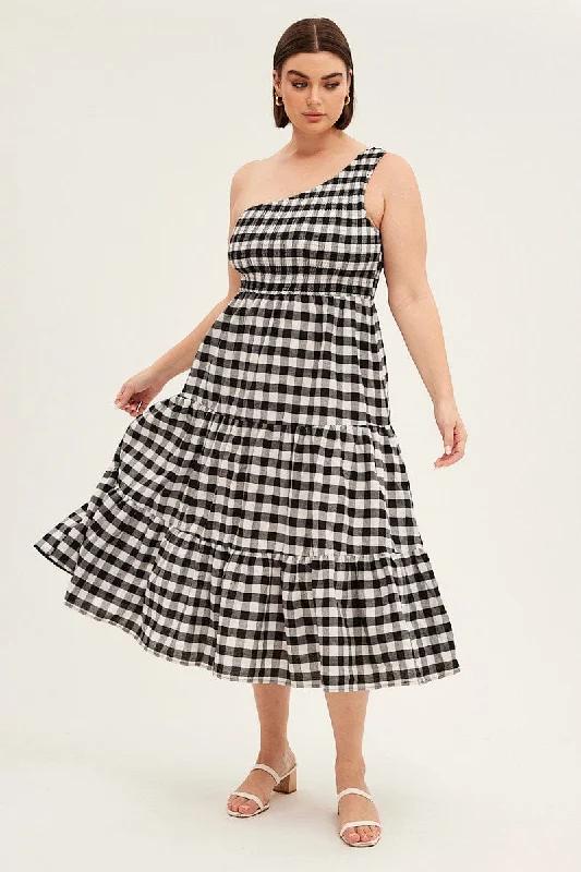 Midi dresses with side slits for a sexy and elegant appearanceMulti Check Midi Dress One Shoulder Shirred Gingham Check Midi dresses with side slits for a sexy and elegant appearanceMulti Check Midi Dress One Shoulder Shirred Gingham Check