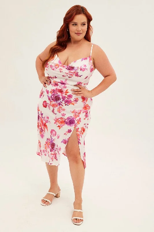 Midi dresses with patchwork patterns for a one - of - a - kind styleMulti Floral Midi Dress Sleeveless Strappy Cowl Neck Satin