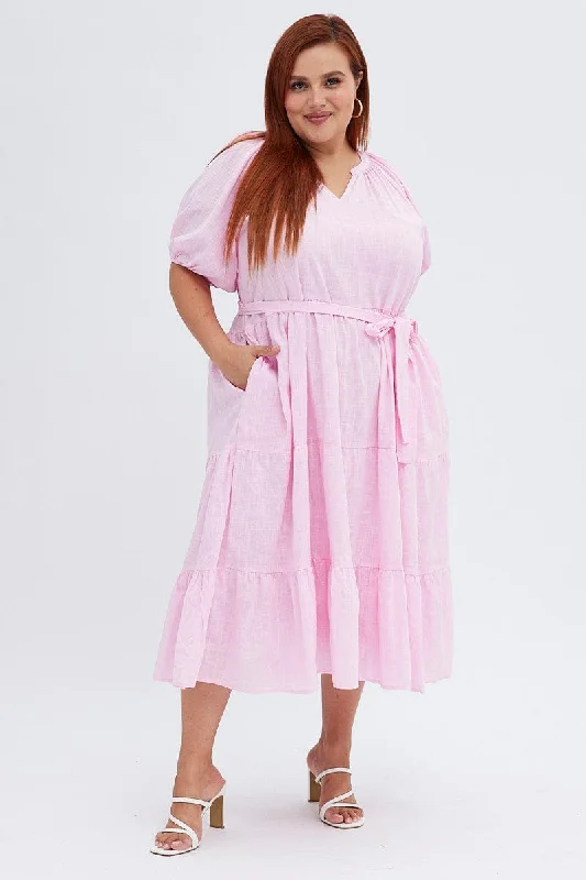 Sheath midi dresses with beaded embellishments for a formal occasionPink Midi Dress Tiered Notch Collar Belted