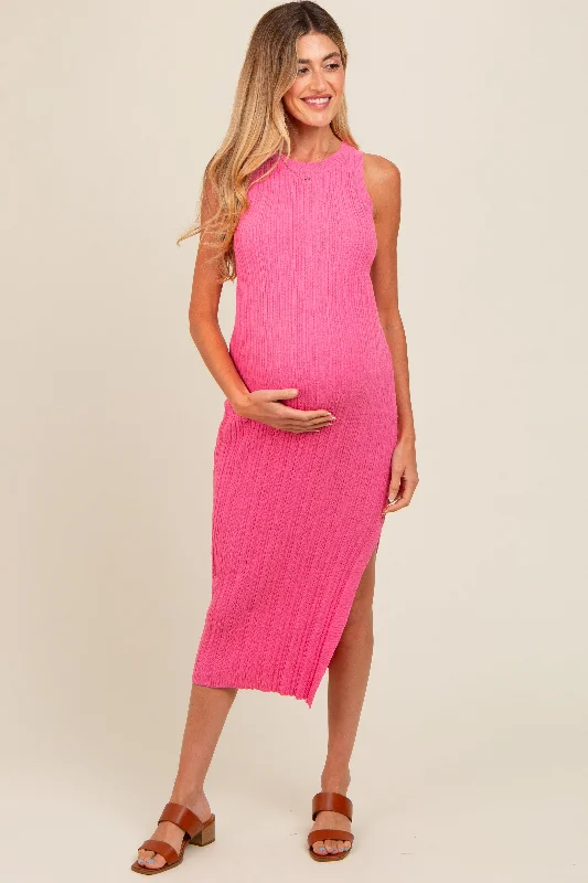 Midi dresses with satin - finish fabrics for a luxurious feelPink Ribbed Side Slit Sleeveless Maternity Midi Dress Midi dresses with satin - finish fabrics for a luxurious feelPink Ribbed Side Slit Sleeveless Maternity Midi Dress