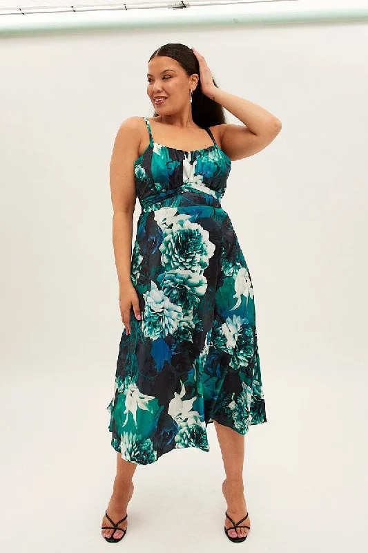 Velvet midi dresses in jewel tones for a glamorous winter eventPrint Midi Dress Shoestring Strap Tie Back Satin