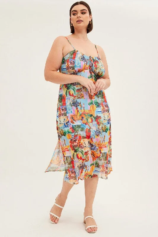 Midi dresses with button - front designs for a classic touchPrint Midi Dress Tie Front Postcard Mesh Midi dresses with button - front designs for a classic touchPrint Midi Dress Tie Front Postcard Mesh