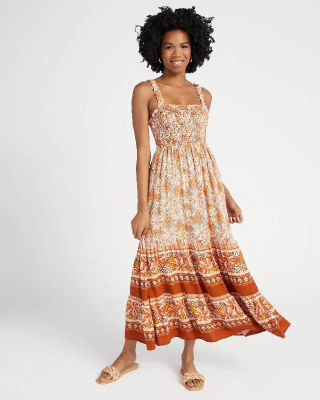 Midi dresses with gathered skirts for a full and flowing silhouettePrinted Tiered Maxi Dress with Smocked Bust