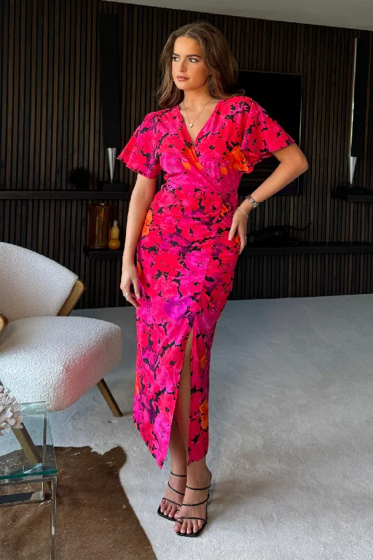 Midi dresses with puff sleeves for a vintage - inspired lookPriscilla Wrap Over Ruched Detail Midi Dress Pink Floral Midi dresses with puff sleeves for a vintage - inspired lookPriscilla Wrap Over Ruched Detail Midi Dress Pink Floral