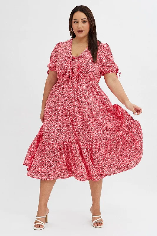 Midi dresses with puff sleeves for a vintage - inspired lookRed Ditsy Maxi Dress Neck Puff Sleeve Tie Front