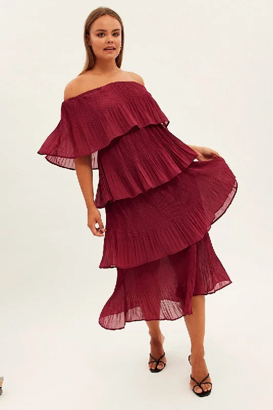 Midi dresses with pleated skirts for a timeless and elegant appealRed Off Shoulder Pleated Midi Dress