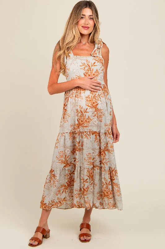 Sleeveless midi dresses with lace details for summer weddingsRust Crochet Trim Floral Maternity Maxi Dress Sleeveless midi dresses with lace details for summer weddingsRust Crochet Trim Floral Maternity Maxi Dress