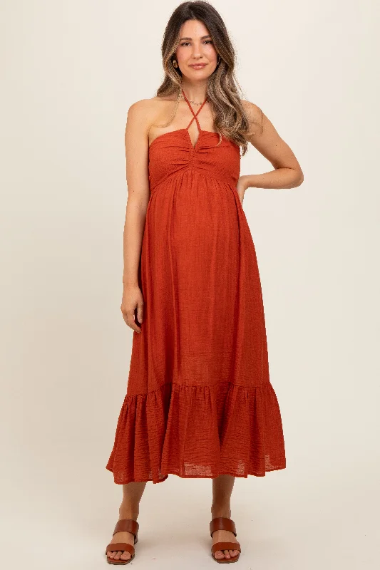 Maxi - inspired midi dresses with flowing fabrics for a beachy vibeRust Halter Maternity Midi Dress