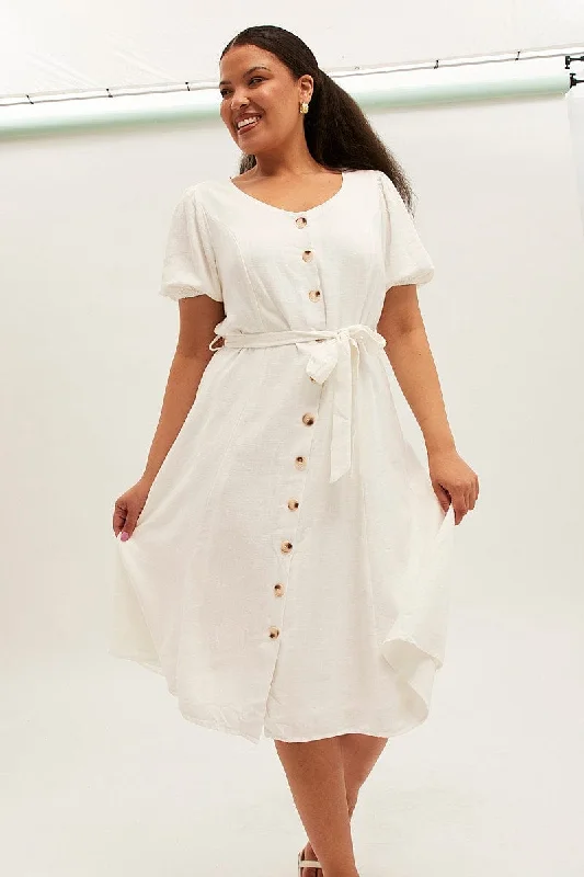 Midi dresses with gathered skirts for a full and flowing silhouetteWhite Midi Dress Button Through Linen Blend Midi dresses with gathered skirts for a full and flowing silhouetteWhite Midi Dress Button Through Linen Blend