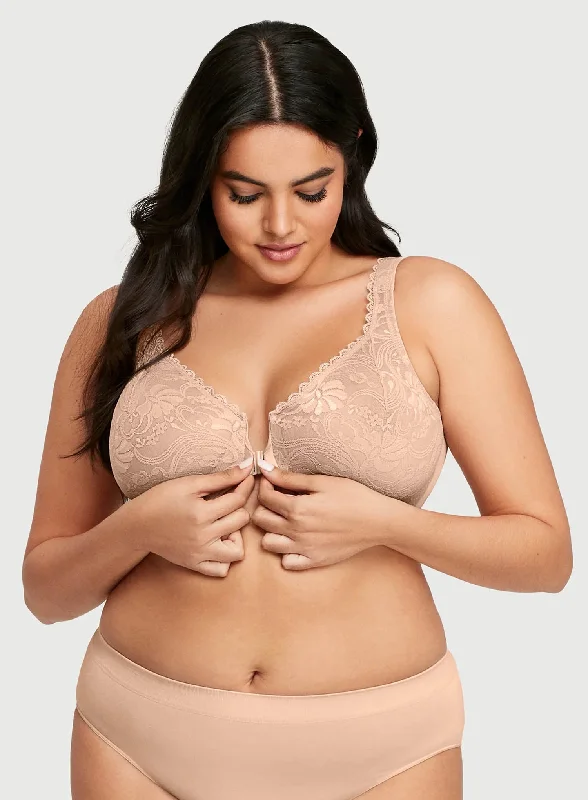 convertible bras with adjustable strapsGlamorise: All Over Lace Front Opening Wonderwire Bra Cafe