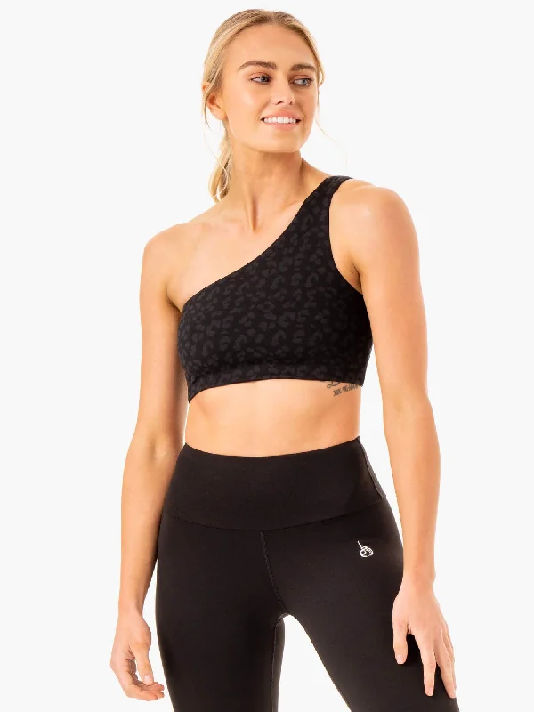 convertible sports bras for versatile useAdapt One Shoulder Sports Bra - Black Leopard convertible sports bras for versatile useAdapt One Shoulder Sports Bra - Black Leopard