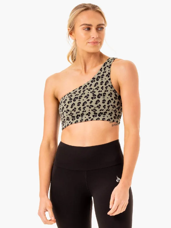 sleep bras for all night comfortAdapt One Shoulder Sports Bra - Khaki Leopard