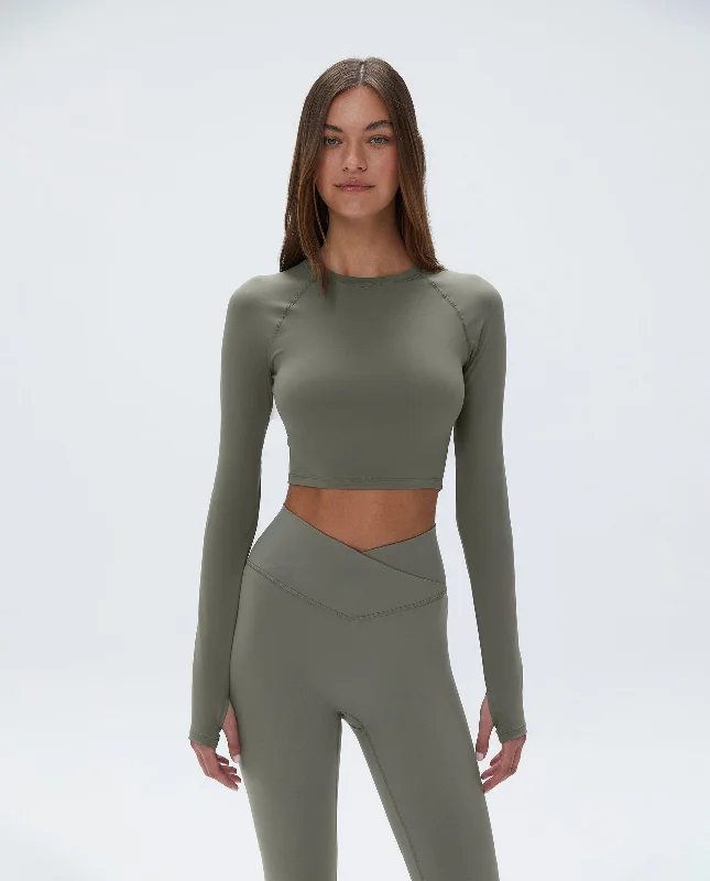 Long Sleeve Crop Top - Olive Green