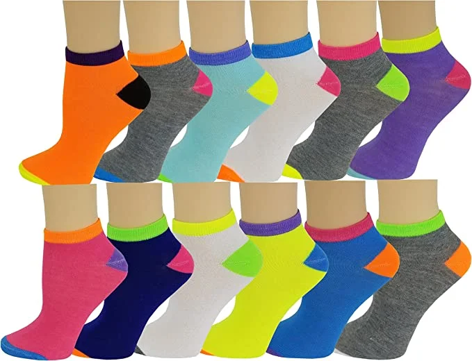 Spandex - infused stockings for stretchLow Cut Anklet Socks | Neon Design | Women 12 Pairs