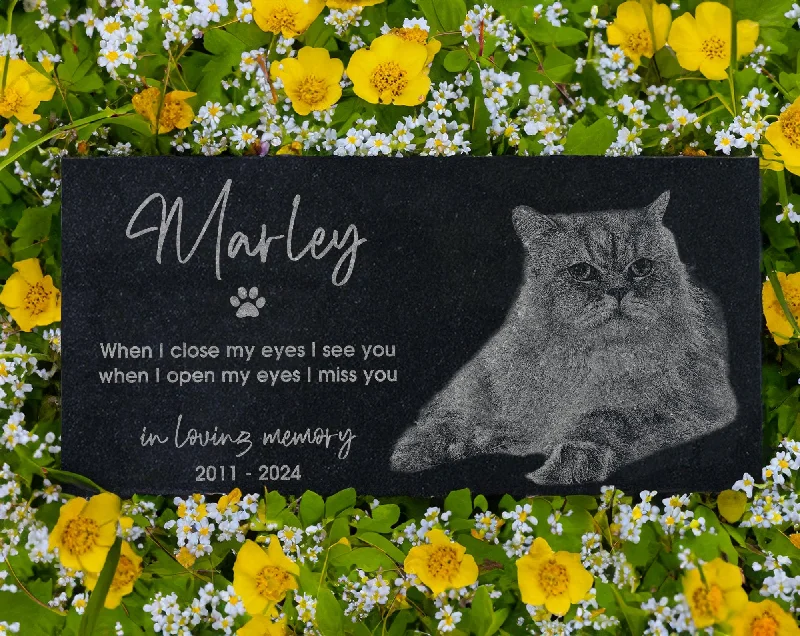 Cat Photo Memorial Stone w/ Engraved Portrait | Feline Remembrance Plaque | Kitten Tombstone  Headstone | Tree Dedication for Lawn & Garden