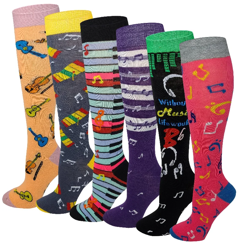 Women 6 pairs Assorted Music design Knee High Socks