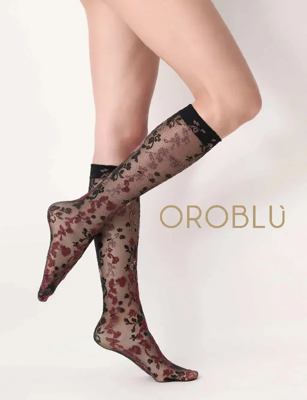 Oroblu Shaded Roses Knee High  Sock Bordeaux/Peony VOBC67920