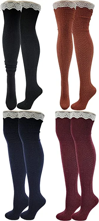 Opaque stockings in a classic black colorThigh High Wool Boot Socks | Winter Cable Knit Lace on Top | Women ( 4 Pairs ) Opaque stockings in a classic black colorThigh High Wool Boot Socks | Winter Cable Knit Lace on Top | Women ( 4 Pairs )
