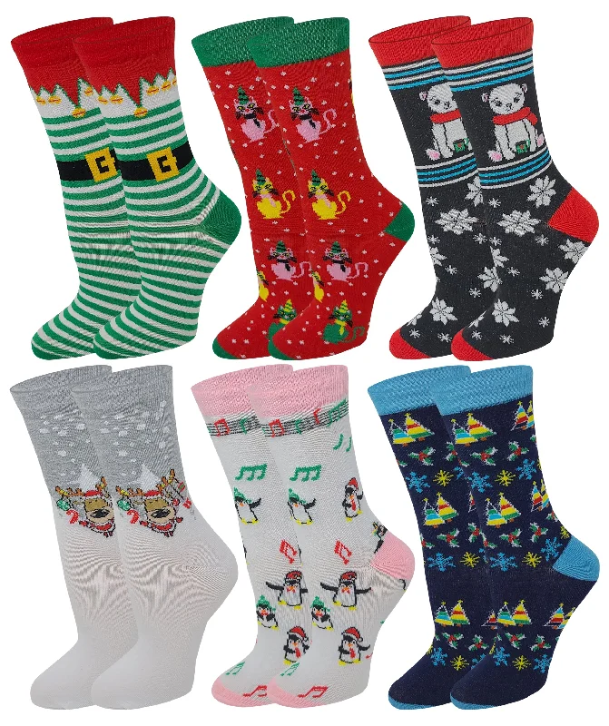Non - slip stockings for safety on slippery surfacesCrew Socks | Christmas novelty Design | Women (6 Pairs)