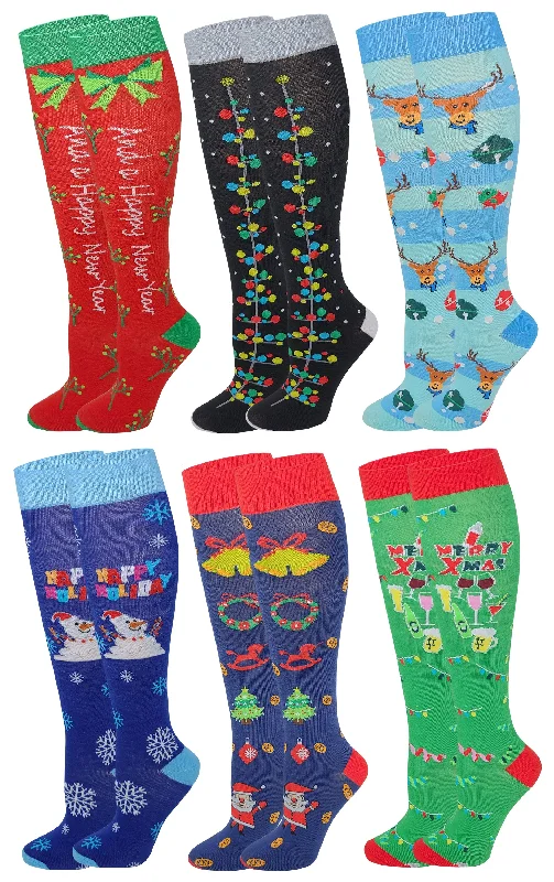 Knee High Socks | Christmas Holiday fancy Design | Womens (6 Pairs)