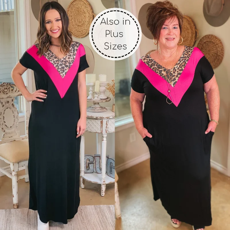 A Wild Time Leopard and Fuchsia V Neck Accent Maxi Dress in Black