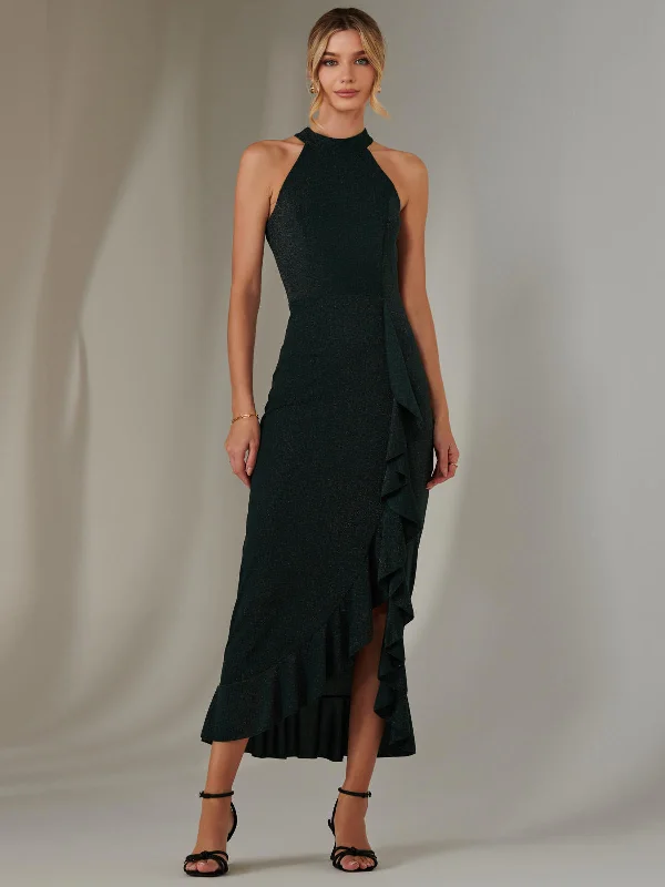 Halter Neck Frill Jersey Maxi Dress, Dark Green