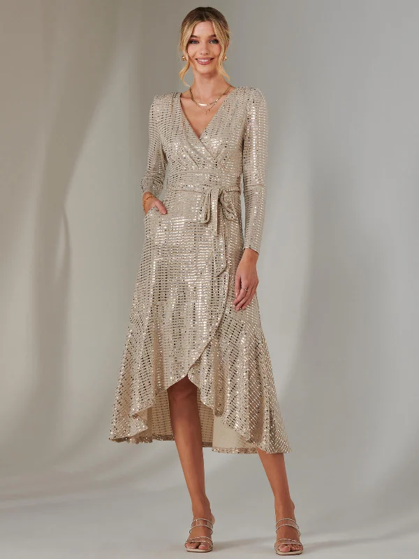 Long Sleeve Metallic Spot Maxi Dress, Beige Silver