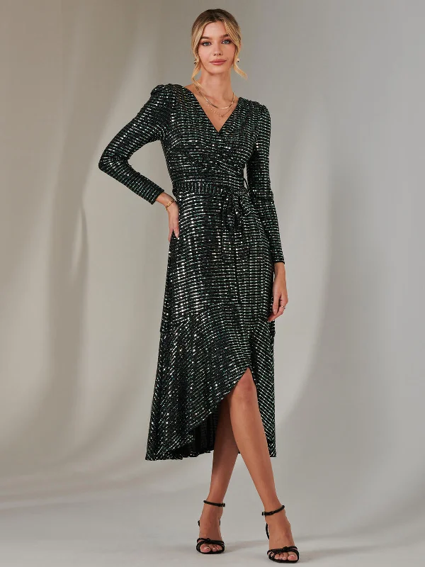 Long Sleeve Metallic Spot Maxi Dress, Black Green