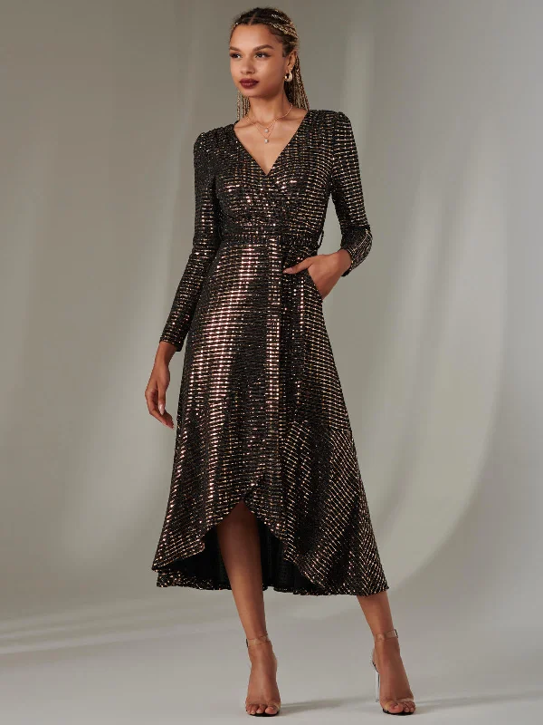 Long Sleeve Metallic Spot Maxi Dress, Black Rose Gold