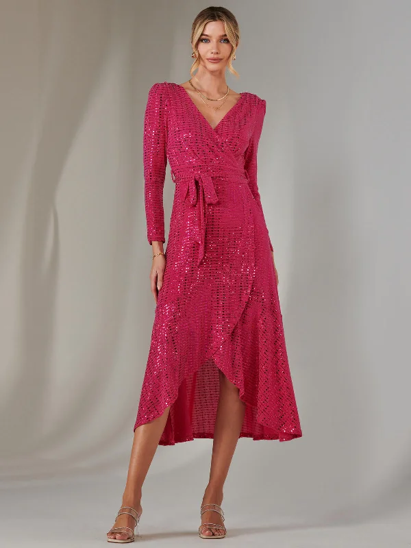 Long Sleeve Metallic Spot Maxi Dress, Fuschia