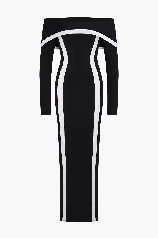 Contrast Off Shoulder Long Sleeve Maxi Dress